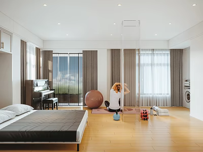Spacious Modern Bedroom With Bed Yoga Practice Piano Wooden Flooring And Floor To Ceiling Windows 3d model