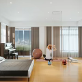 Spacious Modern Bedroom With Bed Yoga Practice Piano Wooden Flooring And Floor To Ceiling Windows