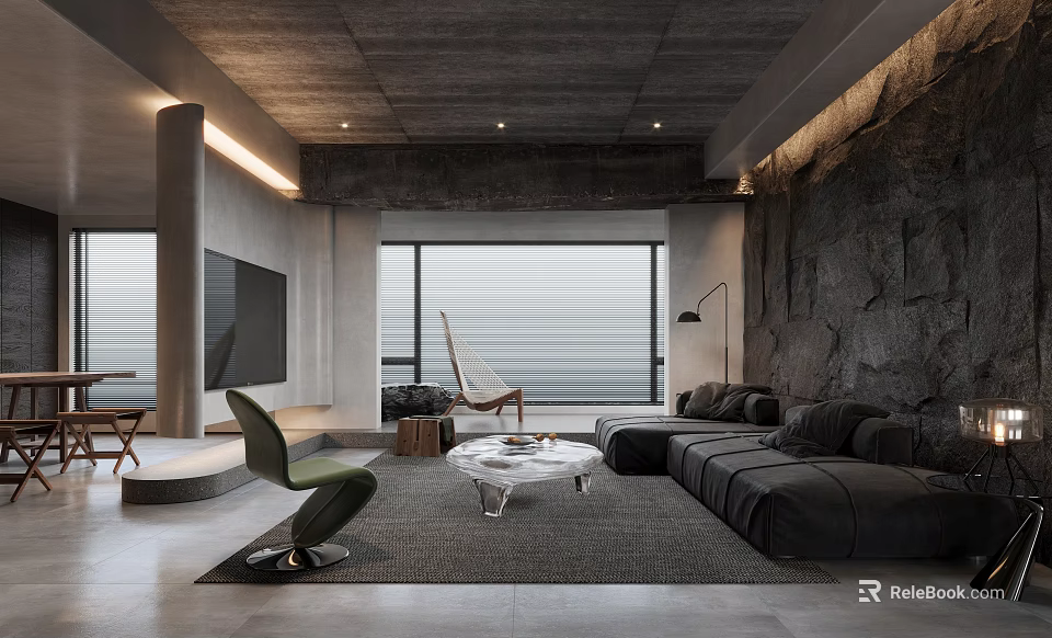 Modern Living Room With Gray Sofa Glass Coffee Table Green Chair And Stone Feature Wall 3d model 