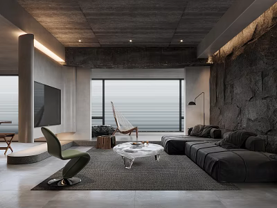 Modern Living Room With Gray Sofa Glass Coffee Table Green Chair And Stone Feature Wall 3d model