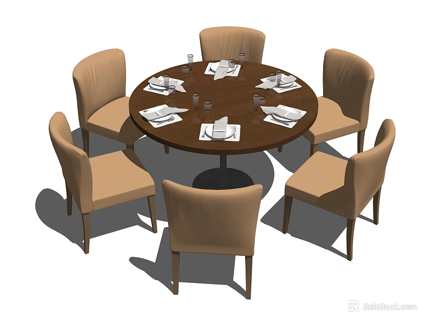 Modern Round Dining Table Set With Six Chairs And Tableware Place Settings 3d model