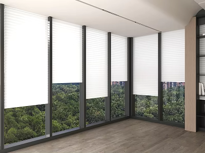 Bright Floor to Ceiling Windows with White Blinds and Green Forest View in Modern Room 3d model