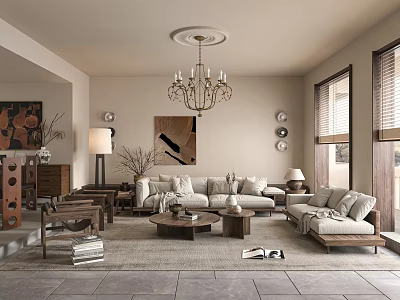 Cozy Living Room Interior With Beige Walls Chandelier Sofa Artwork And Wooden Coffee Tables 3d model