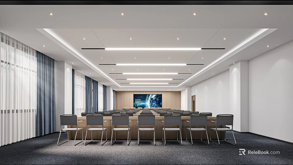 Modern Conference Room Interior Design With Arranged Chairs Large Screen And Ceiling Lights 3d model 