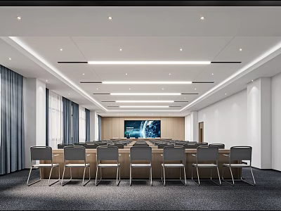 Modern Conference Room Interior Design With Arranged Chairs Large Screen And Ceiling Lights 3d model