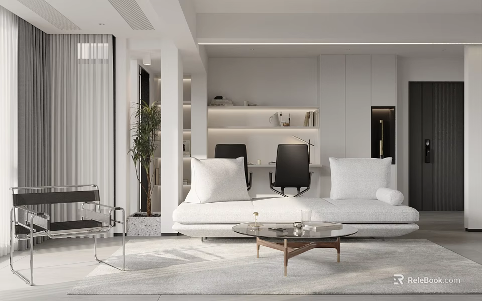Modern Living Room Interior Design With Open Layout White Sofa Coffee Table And Green Plant 3d model 