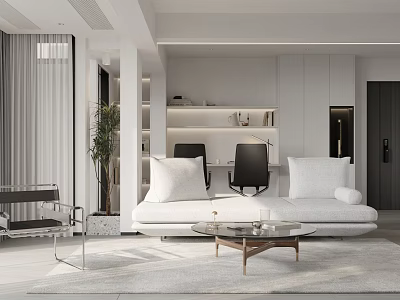 Modern Living Room Interior Design With Open Layout White Sofa Coffee Table And Green Plant 3d model