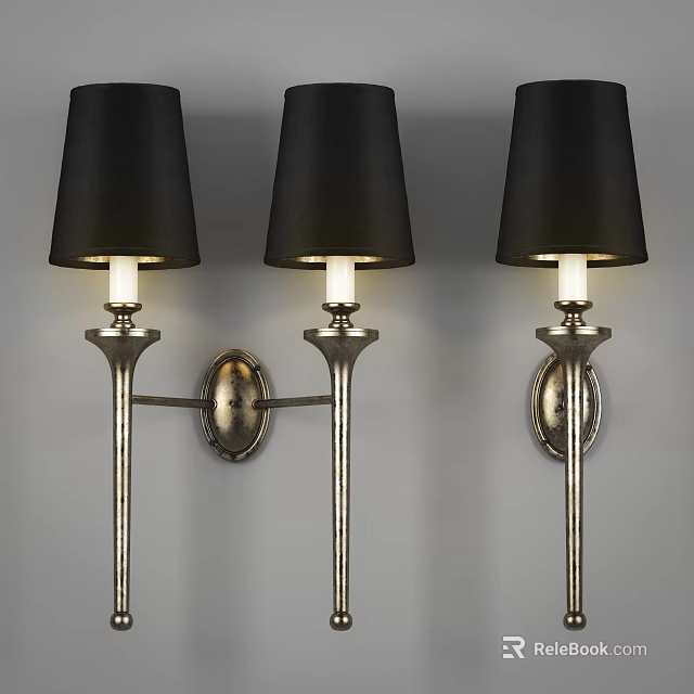 Three Elegant Wall Lamps With Black Lampshades And Metal Brackets Mounted On Wall 3d model 
