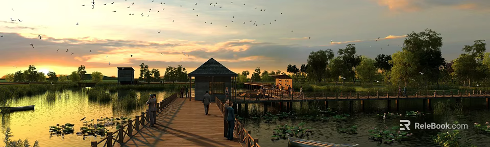 Scenic Lakeside View With Wooden Pier Pavilion And Flying Birds At Sunset Natural Landscape 3d model 