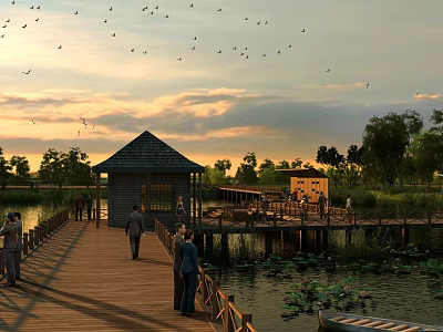 Scenic Lakeside View With Wooden Pier Pavilion And Flying Birds At Sunset Natural Landscape 3d model