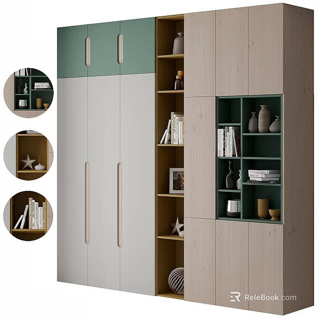 Modern Green And Wooden Decorative Cabinet With Shelves Holding Books Vases And Decorations 3d model 