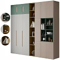 Modern Green And Wooden Decorative Cabinet With Shelves Holding Books Vases And Decorations