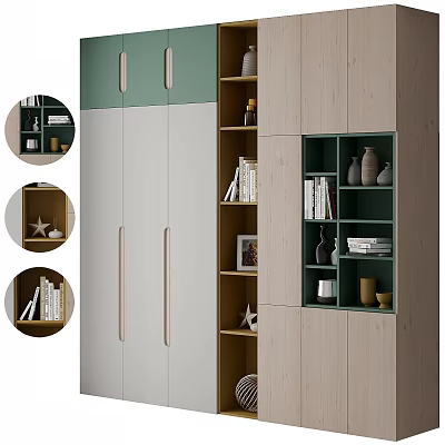 Modern Green And Wooden Decorative Cabinet With Shelves Holding Books Vases And Decorations 3d model