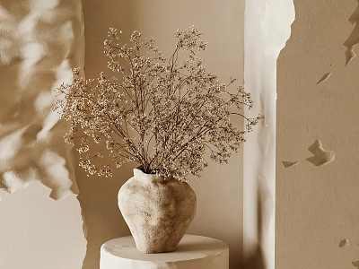 Natural Clay Vase with Dried Flowers on Light Pedestal Against Beige Wall with Soft Shadows 3d model