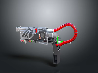 Futuristic Sci Fi Weapon With Gray Body Red Curved Tube And Green Indicators 3d model