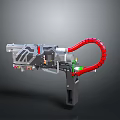 Futuristic Sci Fi Weapon With Gray Body Red Curved Tube And Green Indicators