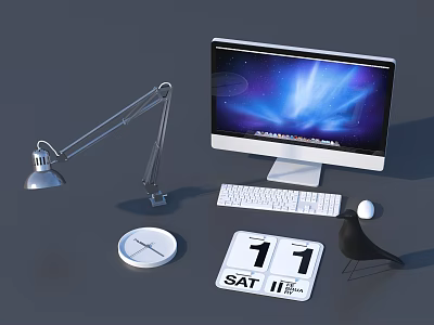 Modern Desktop Computer Setup With Monitor Keyboard Mouse Desk Lamp Clock And Calendar 3d model