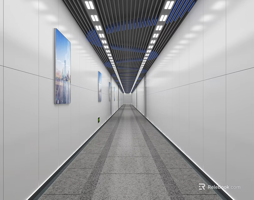 Long Modern Corridor With White Walls Blue Artworks Strip Lights And Gray Tiles 3d model 