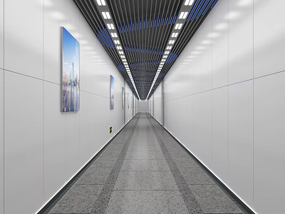 Long Modern Corridor With White Walls Blue Artworks Strip Lights And Gray Tiles 3d model