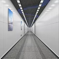 Long Modern Corridor With White Walls Blue Artworks Strip Lights And Gray Tiles