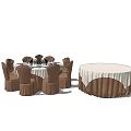 Round Dining Table Set With Brown Chairs White Tablecloth And Flower Decor 3d model