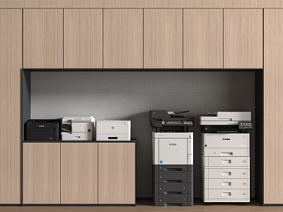 Modern Office Appliances in Built in Wooden Cabinetry With Various Printers and File Cabinets 3d model