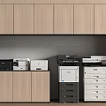 Modern Office Appliances in Built in Wooden Cabinetry With Various Printers and File Cabinets