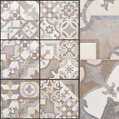 Ceramic Tiles Featuring Various Geometric Patterns And Floral Motifs In Neutral Tones 3d model