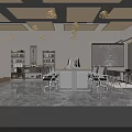 Modern Office Interior Featuring Chinese Elements Pendant Lights Bookshelves Computer Conference Table Chairs Projection Screen