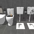 White Toilet Bowls and Squat Toilets in Modern Bathroom with Water Tanks and Accessories