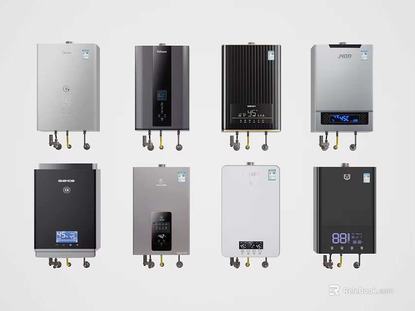 Various Modern Electric Water Heaters As Essential Household Appliances With Different Designs And Digital Displays 3d model 