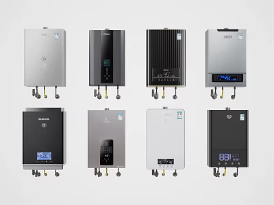 Various Modern Electric Water Heaters As Essential Household Appliances With Different Designs And Digital Displays 3d model