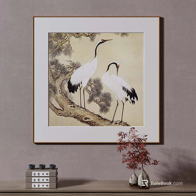 Abstract Painting With Cranes Pine Tree And Decorative Frame For Home Decor 3d model 