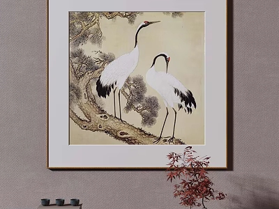 Abstract Painting With Cranes Pine Tree And Decorative Frame For Home Decor 3d model