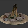 Decorative Garden Ornament With Circular Base Stones And Upright Wooden Logs