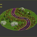 Cartoon Scene With Round Green Grassland Winding Race Track Trees And White Buildings