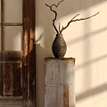 Vintage Decorative Ornament Set with Dried Branches Vase on Old White Wooden Box and Cracked Wall