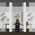 Elegant Room Dividers With Glass Grid Brick Wall Wooden Lattice And Potted Plant On Pedestal