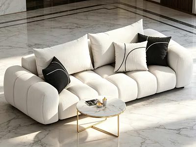 Modern Luxury White Fabric Sofa And Marble Coffee Table Set For Bright Elegant Living Room 3d model