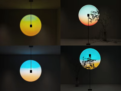 Modern Floor Lamp With Round Colorful Gradient Shade And Tree Shadow Projection 3d model
