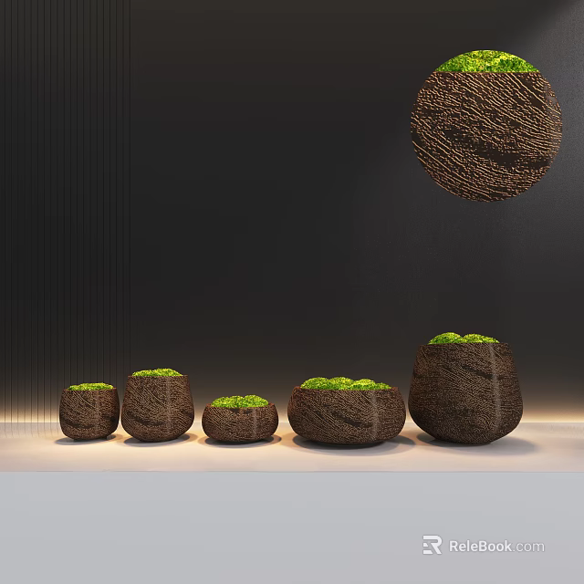 Decorative Bonsai Plants In Woven Texture Pots With Various Sizes And Lush Green Foliage 3d model 