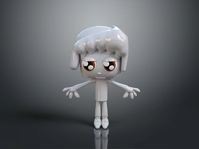 3D Cartoon Character With White Body Big Brown Eyes Creamy Hair On Reflective Black Background 3d model