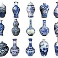 Traditional Blue and White Ceramic Vessels with Diverse Patterns and Various Shapes 3d model