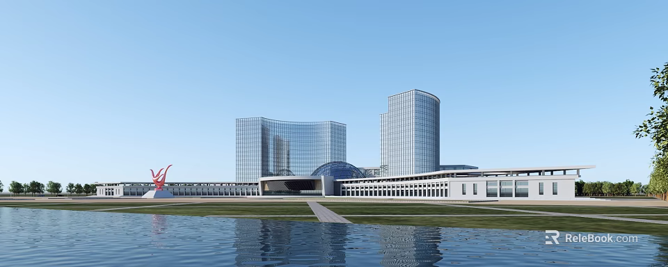 Modern High Rise Office Building With Glass Facade By Water Reflection And Green Lawn 3d model 