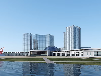 Modern High Rise Office Building With Glass Facade By Water Reflection And Green Lawn 3d model