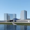 Modern High Rise Office Building With Glass Facade By Water Reflection And Green Lawn