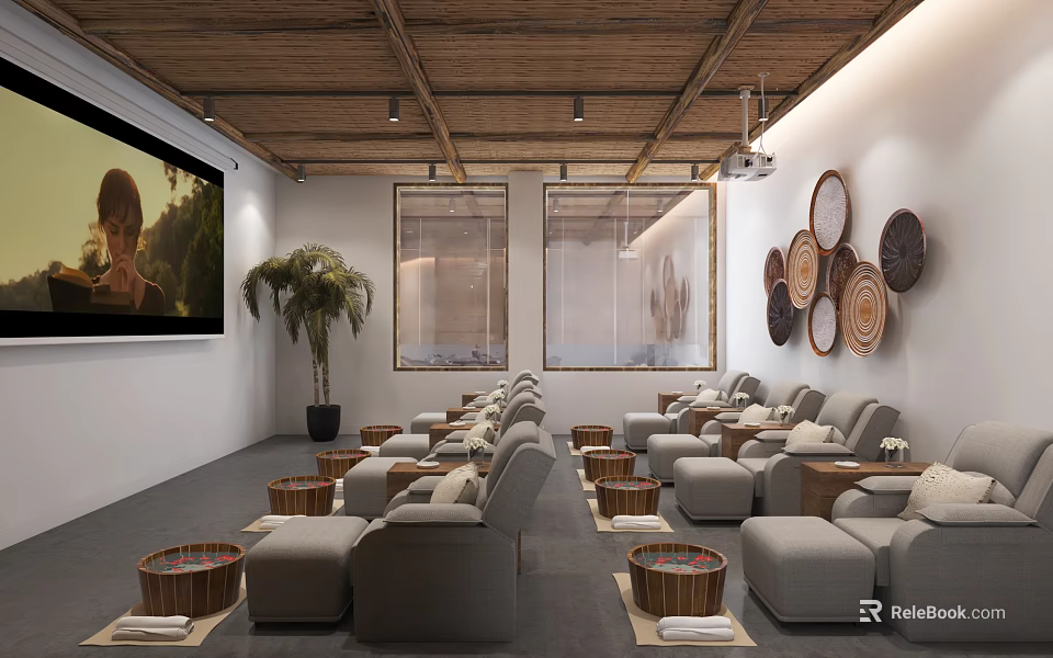 SPA Sauna Relaxation Area With Comfortable Seats And Wooden Buckets 3d model 