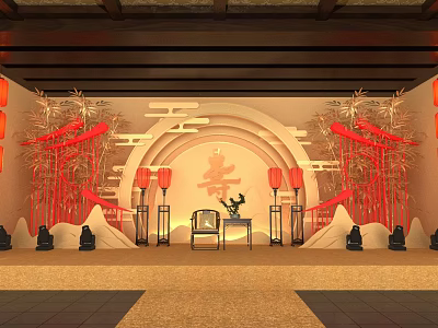 Traditional Chinese Interior Featuring Red Lanterns Bamboo Decorations Wooden Beams And Circular Longevity Character 3d model