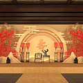 Traditional Chinese Interior Featuring Red Lanterns Bamboo Decorations Wooden Beams And Circular Longevity Character