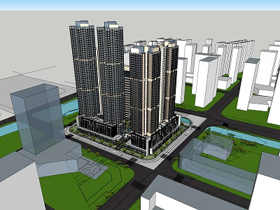 Modern High Rise Residential Buildings With Urban Surroundings And Green Spaces 3d model